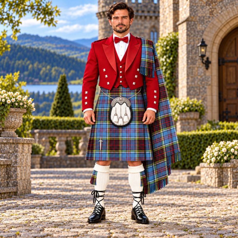 Anderson Modern Tartan Kilt Outfit With Red Prince Charlie jacket Anderson Modern Tartan Kilt Outfit With Red Prince Charlie jacket