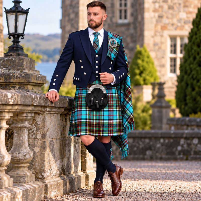 Anderson Muted Tartan Kilt Outfit With Navy Blue Argyle Jacket Anderson Muted Tartan Kilt Outfit With Navy Blue Argyle Jacket