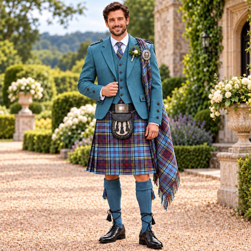Men's Scottish Highland Kilt Outfit – Teal Blue Jacquard Argyle Jacket Men's Scottish Highland Kilt Outfit – Teal Blue Jacquard Argyle Jacket