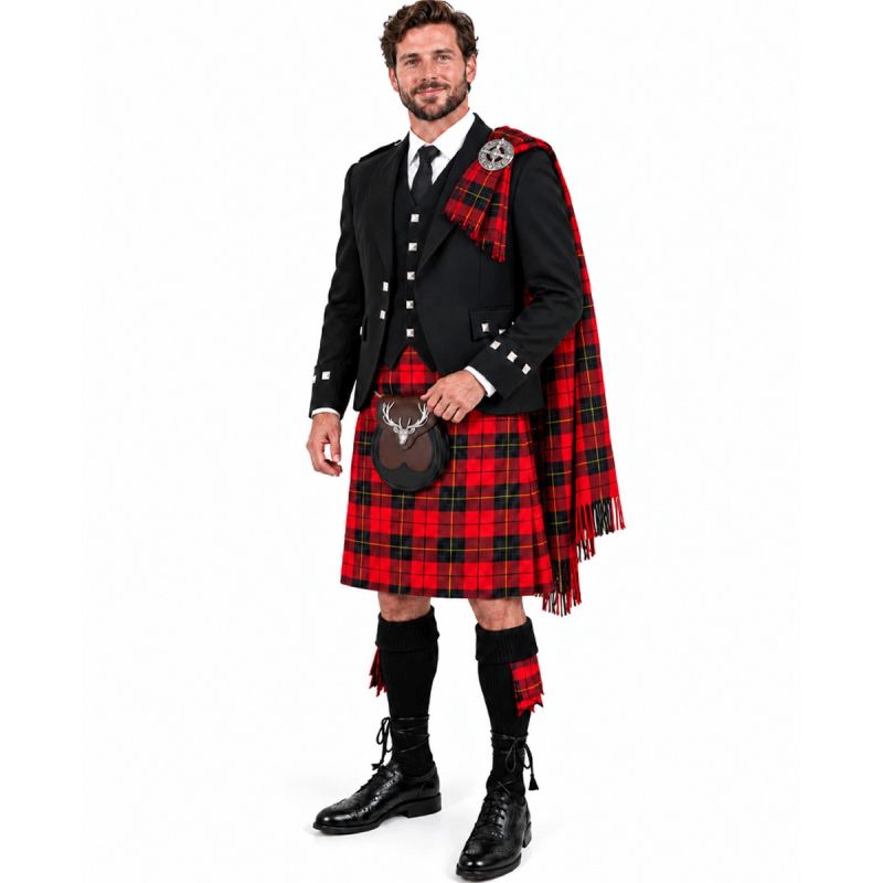 Wallace Red Tartan Kilt Outfit With Black Argyll Jacket Wallace Red Tartan Kilt Outfit With Black Argyll Jacket