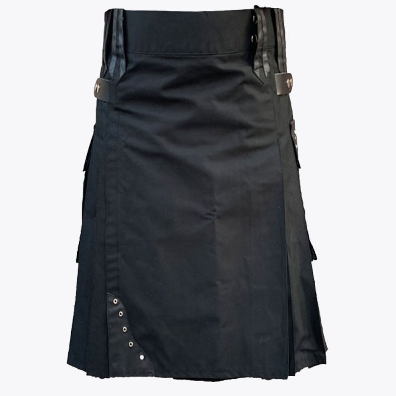 Black Cotton Utility Kilt With Leather Straps
