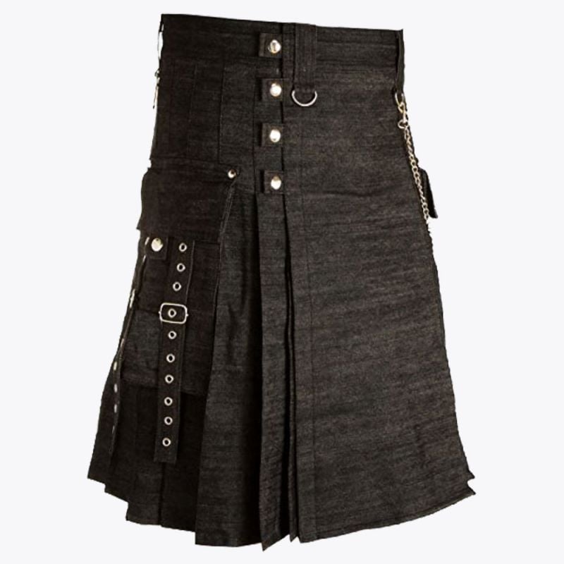 Black Denim Utility Kilt Style With Cargo Pockets
