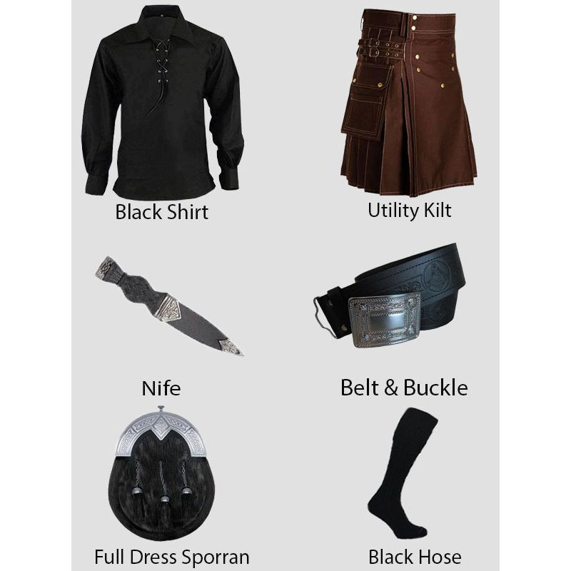 Black Shirt & Brown Kilt With Accessories
Black Shirt & Brown Kilt With Accessories