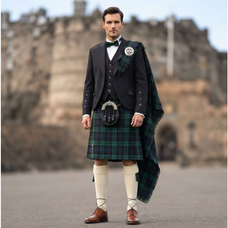 Black Watch Tartan Kilt Outfit With Black Tweed Jacket Black Watch Tartan Kilt Outfit With Black Tweed Jacket