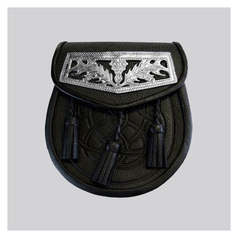 Black Celtic Embossed Thistle Plate Leather Sporran With Free Chain Belt