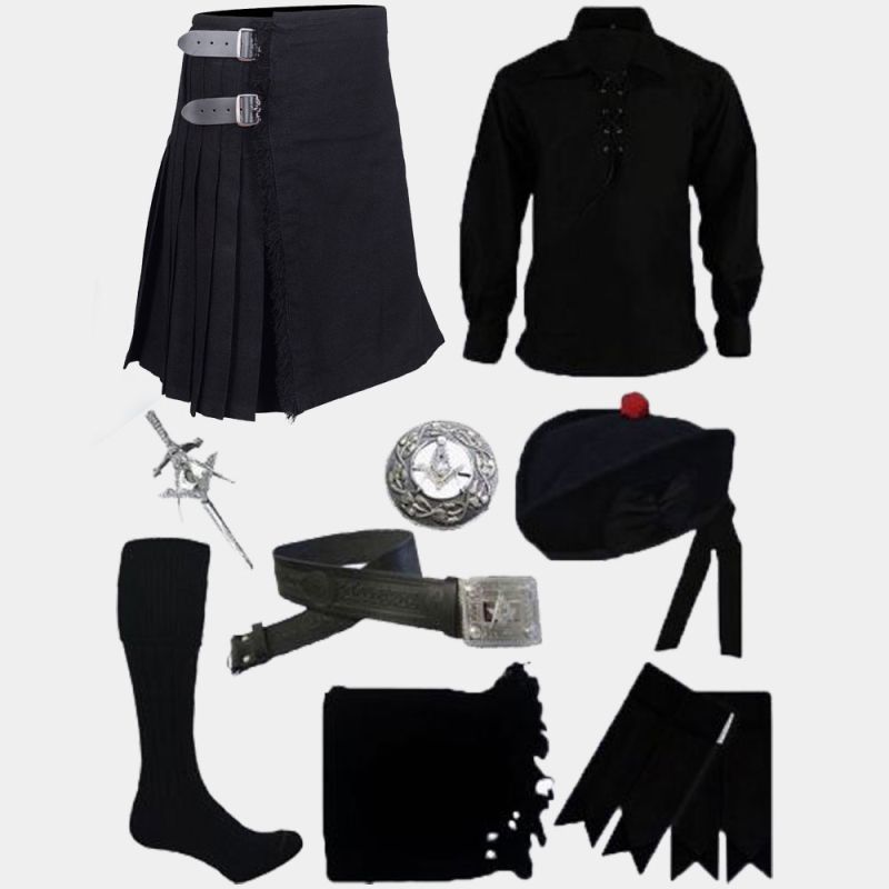 Black Tartan Kilt & Black Shirt With Accessories Deal Black Tartan Kilt & Black Shirt With Accessories Deal