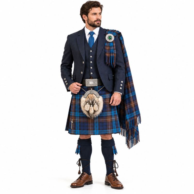 Blue Buchanan Tartan Kilt Outfit With Blue Tweed Jacket Blue Buchanan Tartan Kilt Outfit With Blue Tweed Jacket
