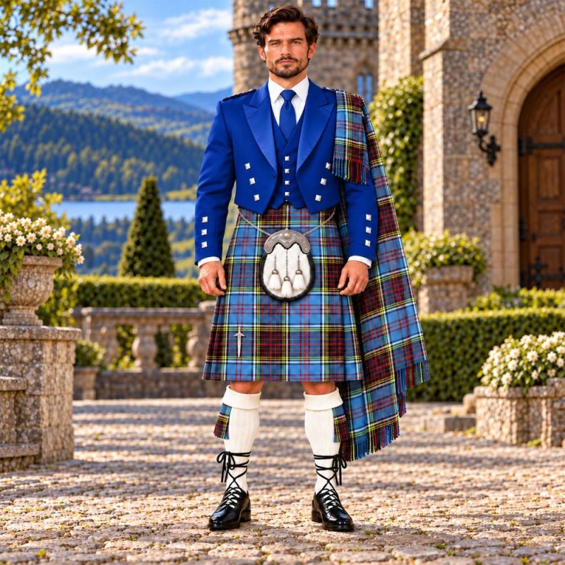 Anderson Modern Tartan Kilt Outfit With Blue Prince Charlie jacket
Anderson Modern Tartan Kilt Outfit With Blue Prince Charlie jacket