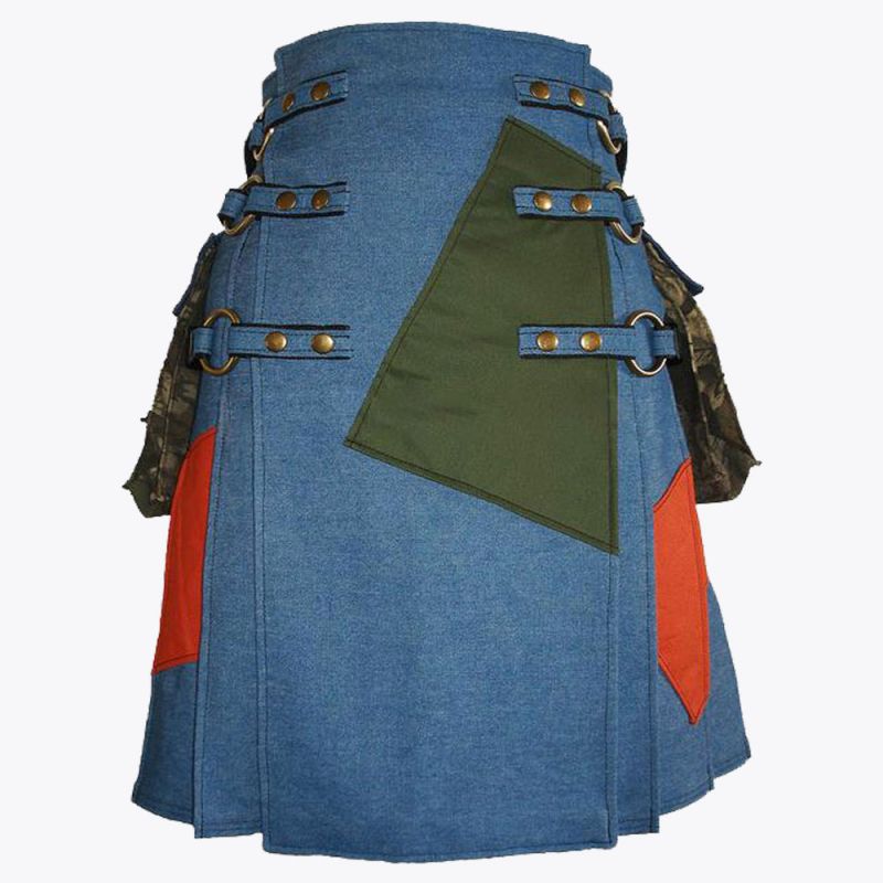 Blue Jean Denim Utility Kilt with Cargo Pockets
