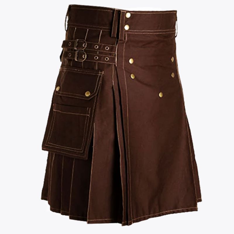 Brown Utility Kilt & Straps Style With Cargo Pockets
