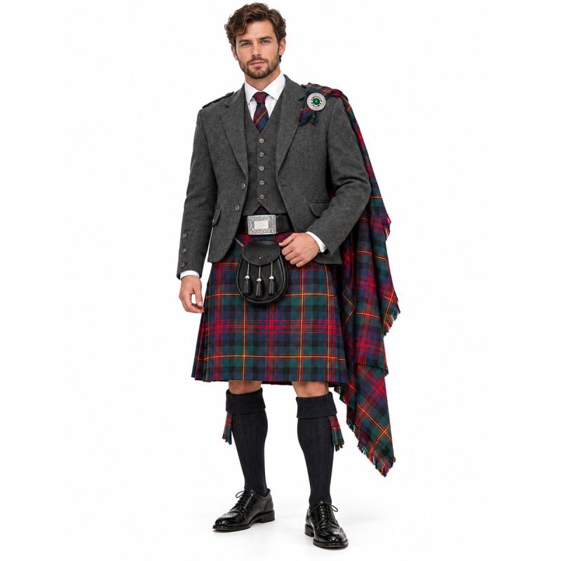 Logan Modern Tartan Kilt Outfit With Charcoal Grey Tweed Jacket Logan Modern Tartan Kilt Outfit With Charcoal Grey Tweed Jacket