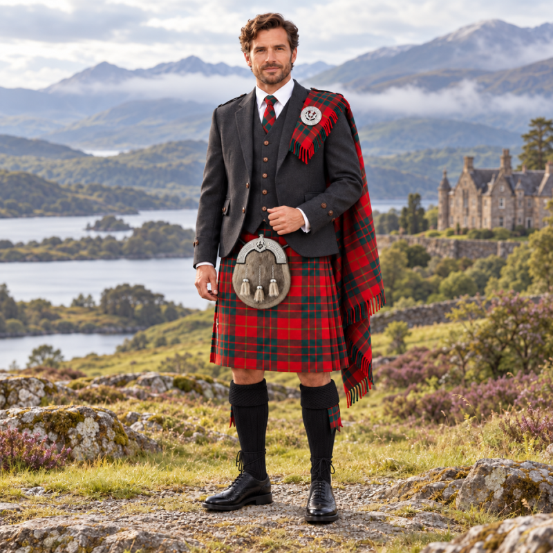 Cameron Modern Tartan Kilt Outfit With Charcoal Grey Argyll Jacket Cameron Modern Tartan Kilt Outfit With Charcoal Grey Argyll Jacket
