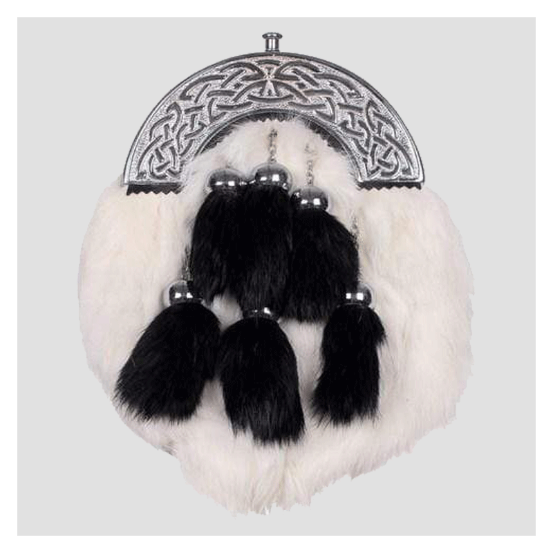 Chrome Celtic Cantle White Rabbit Sporran With 6 Black Fur Tassels