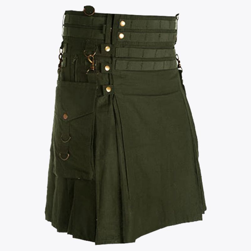 Deluxe Olive Green Modern Utility Kilt For Men
