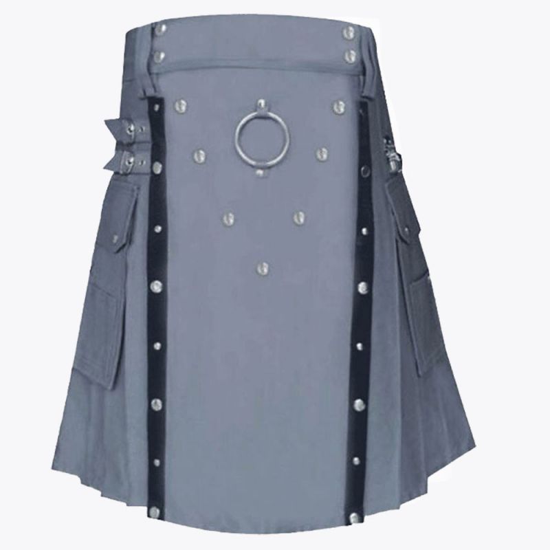 Grey Utility Kilt With Leather Straps
