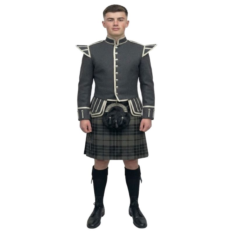 Grey Watch Tartan Kilt Outfit with Doublet Dark Grey Jacket Grey Watch Tartan Kilt Outfit with Doublet Dark Grey Jacket