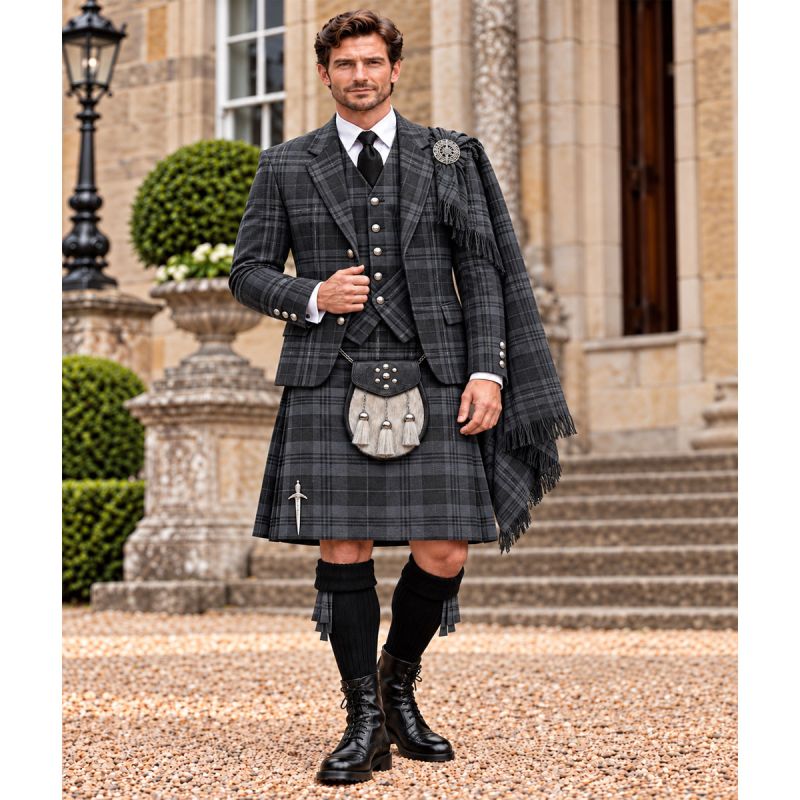 Grey Tartan Kilt Outfit With Tartan Jacket Grey Tartan Kilt Outfit With Tartan Jacket