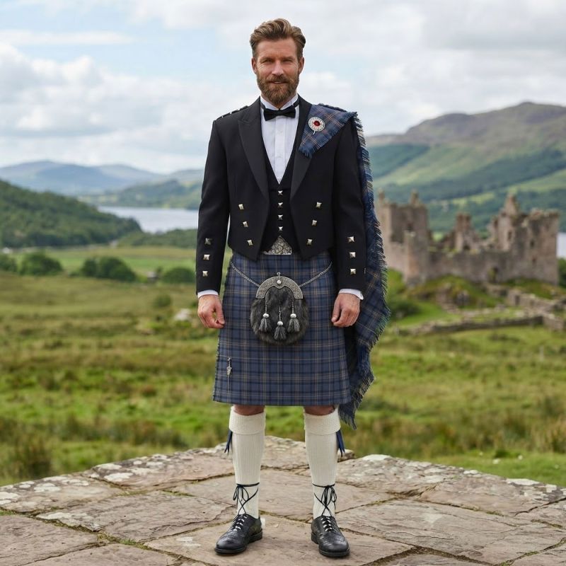 Highland Sky Tartan Kilt Outfit With Prince Charlie Jacket