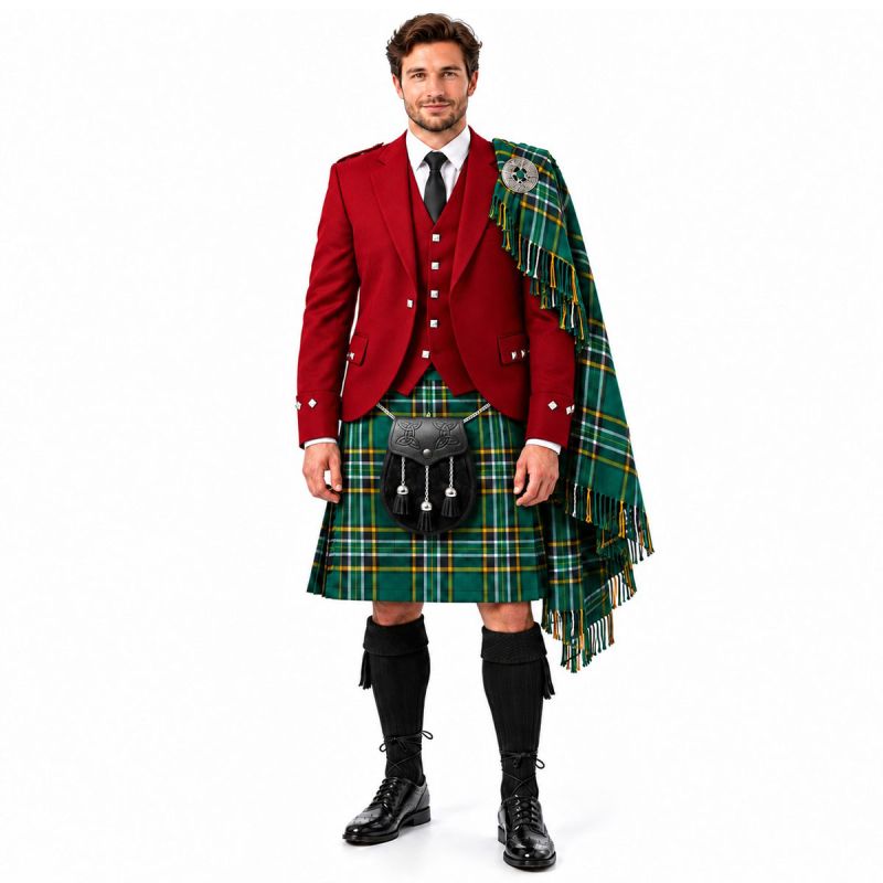 Irish National Tartan Kilt Outfit with Red Argyll Jacket Irish National Tartan Kilt Outfit with Red Argyll Jacket
