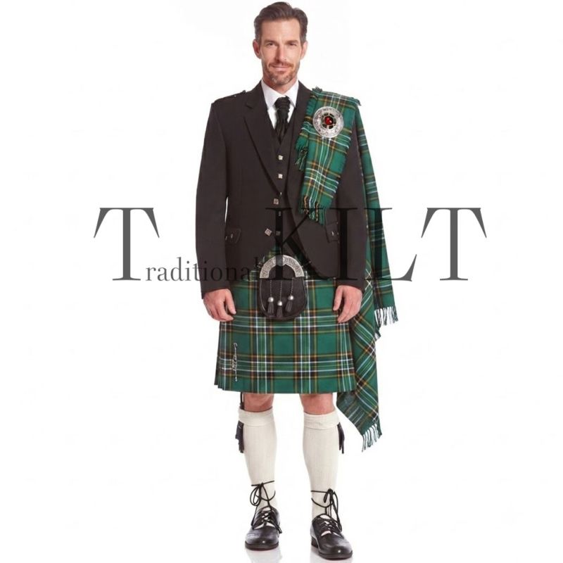 Irish National Tartan Kilt Outfit with Black Argyll Jacket Irish National Tartan Kilt Outfit with Black Argyll Jacket
