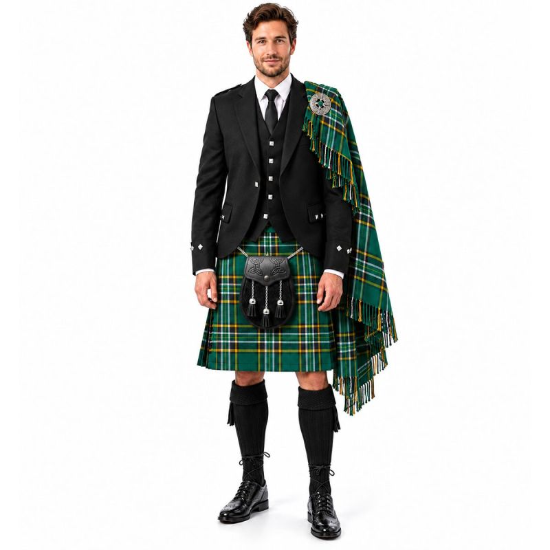 Irish National Tartan Kilt Outfit with Black Argyll Jacket Irish National Tartan Kilt Outfit with Black Argyll Jacket