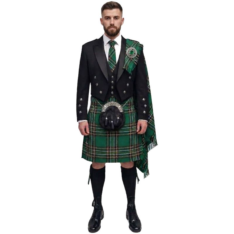 Irish National Tartan Kilt With Prince Charlie Jacket Outfit Irish National Tartan Kilt With Prince Charlie Jacket Outfit