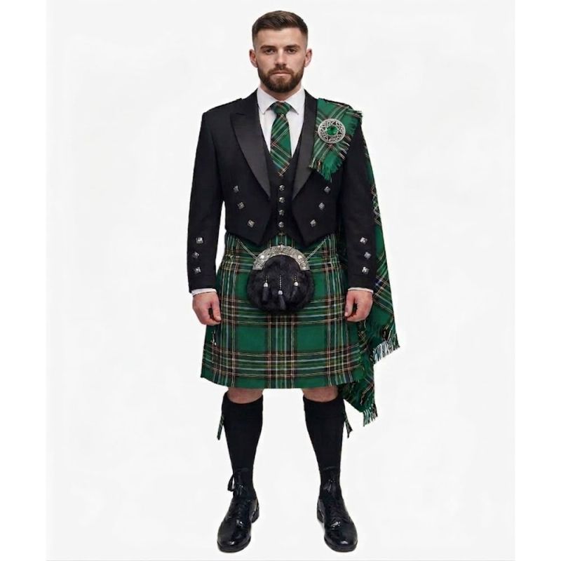 Irish National Tartan Kilt Outfit with Black Argyll Jacket Irish National Tartan Kilt Outfit with Black Argyll Jacket