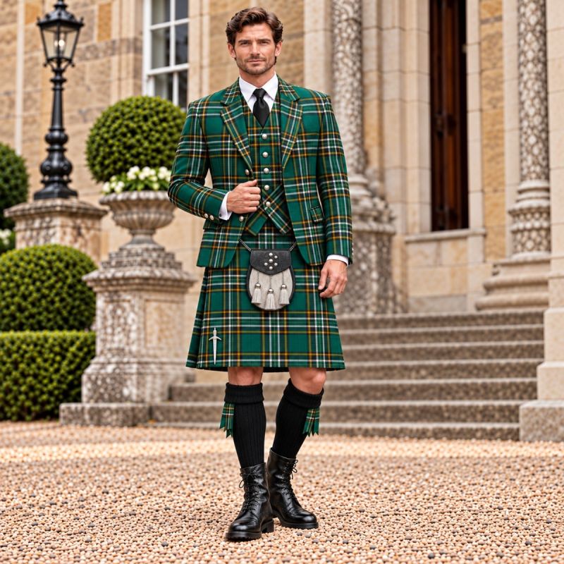Irish National Tartan Kilt Outfit With Tartan Jacket Irish National Tartan Kilt Outfit With Tartan Jacket