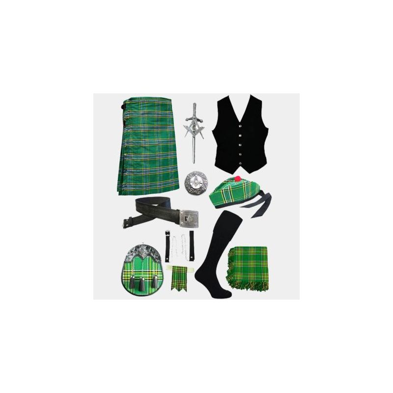 Irish Tartan Kilt & Black vest With Accessories Deal Irish Tartan Kilt & Black vest With Accessories Deal
