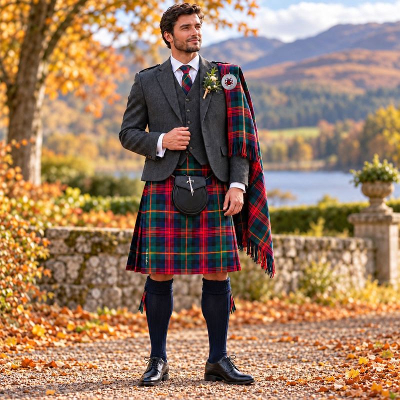 Logan Modern Tartan Kilt Outfit With Grey Tweed Jacket Logan Modern Tartan Kilt Outfit With Grey Tweed Jacket