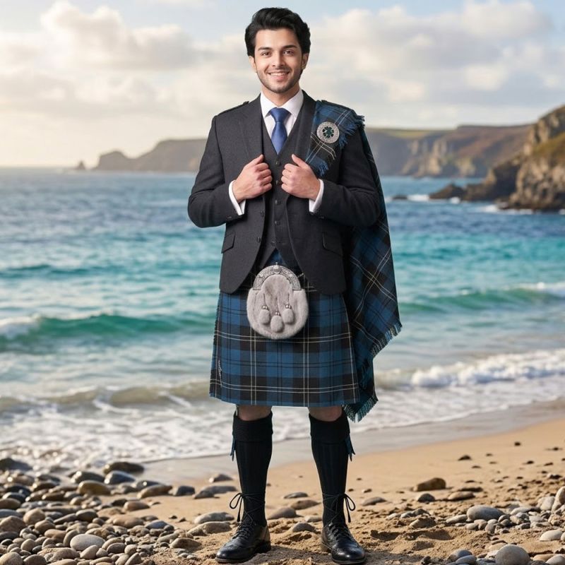 Ramsay Blue Tartan Kilt Outfit With Tweed Jacket