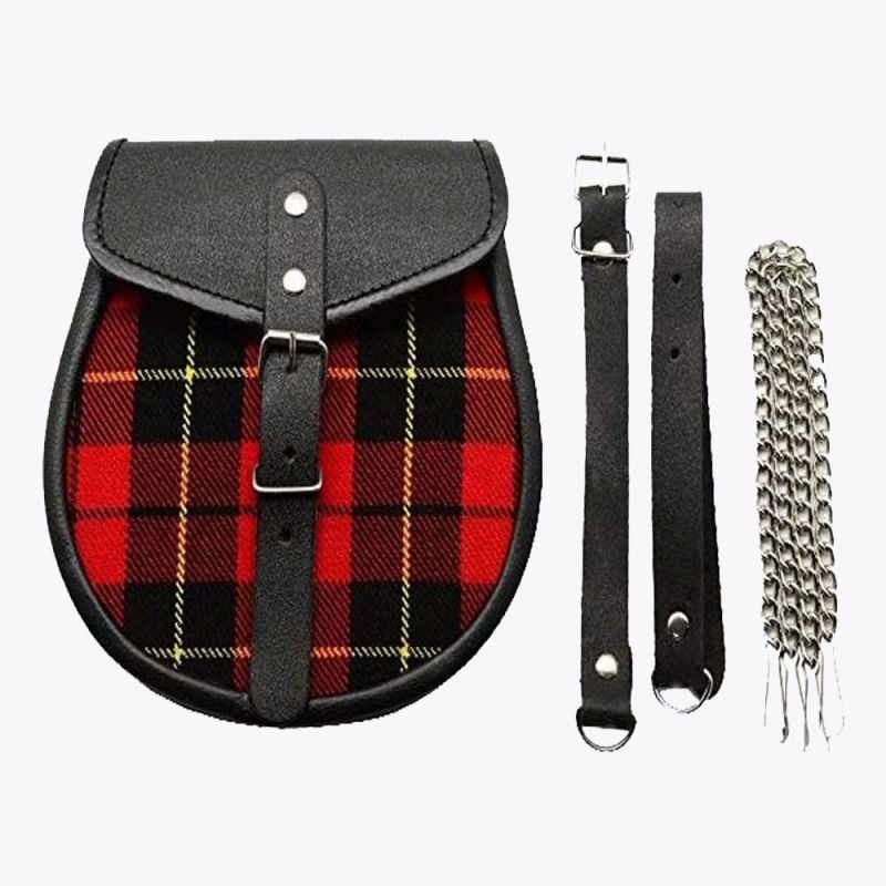 Red and Black Plaid Scottish Sporran with Chain Belt
