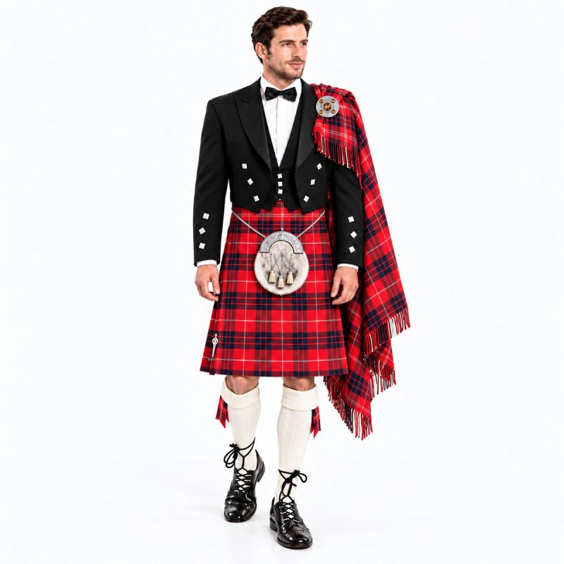 Red Hamilton Modern Tartan Kilt Outfit With Prince Charlie Jacket Red Hamilton Modern Tartan Kilt Outfit With Prince Charlie Jacket