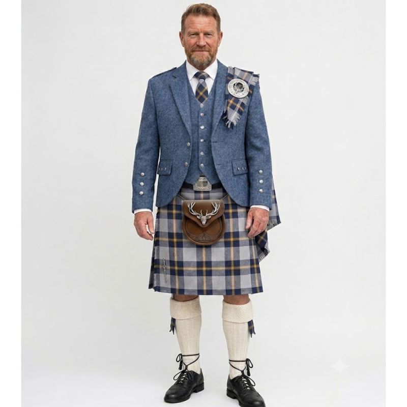 Redbull tartn kilt with Indigo Blue Tweed Argyle Jacket Kilt Outfit Redbull tartn kilt with Indigo Blue Tweed Argyle Jacket Kilt Outfit