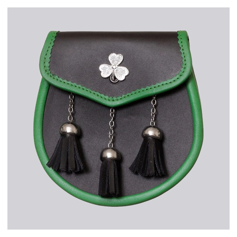 Shamrock Emblem Black Leather Sporran With Green Trim Shamrock Emblem Black Leather Sporran With Green Trim