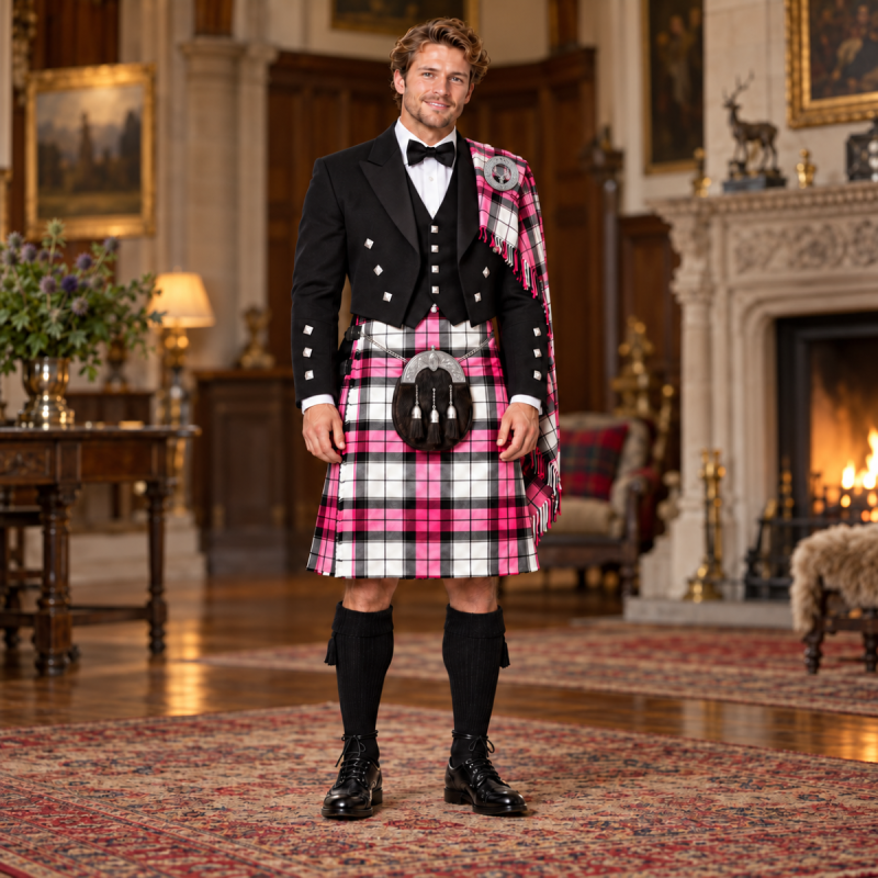 Sunart Pink Tartan Kilt Outfit With Prince Charlie Jacket