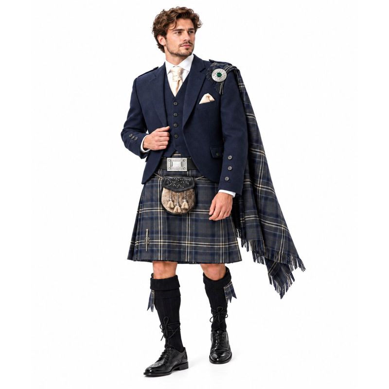 Highland Storm Tartan kilt Outfit with Navy Tweed Jacket & Waist Coat