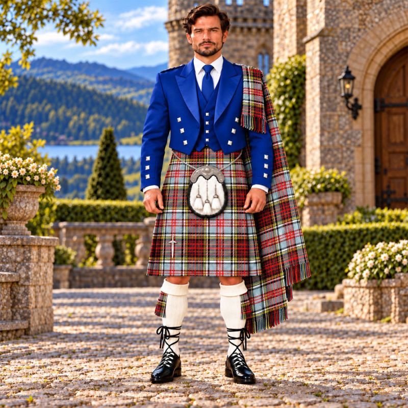 Anderson Weathered Tartan Kilt Outfit With Blue Prince Charlie jacket