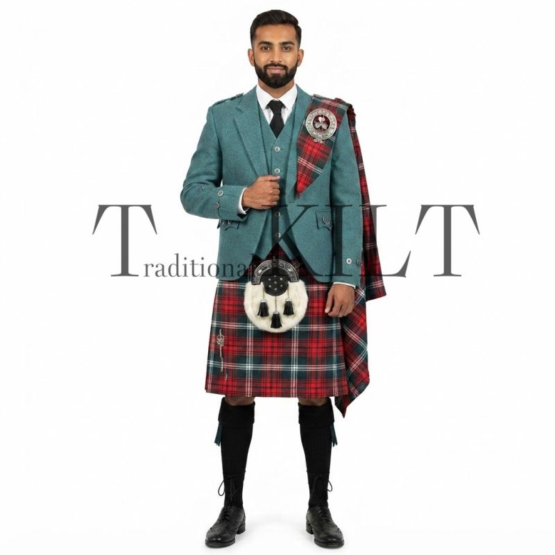 Lovat Green Argyll Jacket With Tartan Kilt Outfit Lovat Green Argyll Jacket With Tartan Kilt Outfit