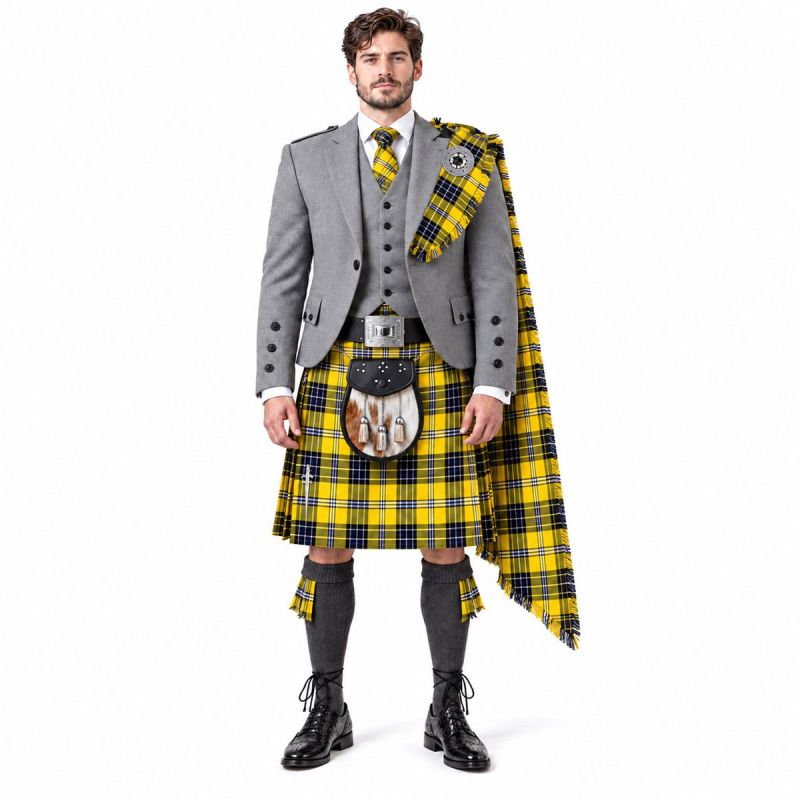 Yellow And Blue Tartan Kilt Outfit With Tweed Jacket Yellow And Blue Tartan Kilt Outfit With Tweed Jacket