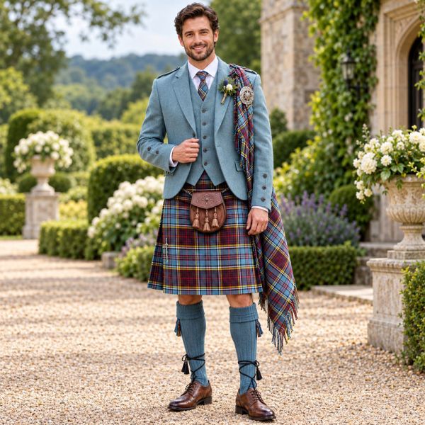 Scottish Highland Groom Anderson Tartan Kilt Outfit with Light Blue Jacket 