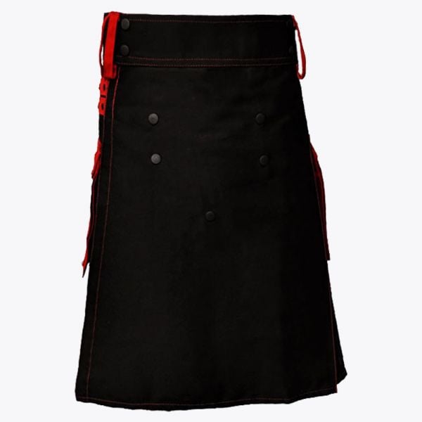 Black Deluxe Modern Kilt & Red Straps Style With Red Cargo Pockets