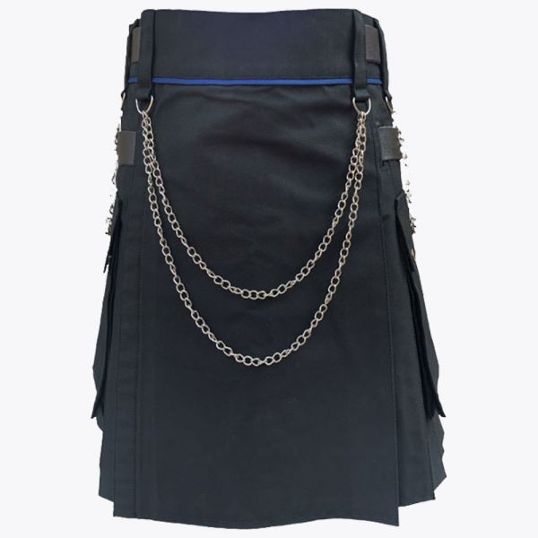 Black Modern Utility Kilt With Silver Chain
