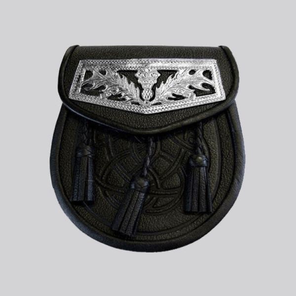 Black Celtic Embossed Thistle Plate Leather Sporran With Free Chain Belt
