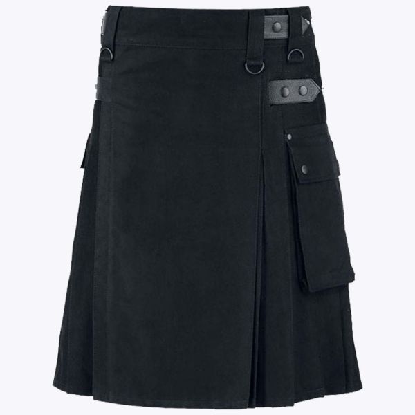 Black Utility Kilt With Leather Straps