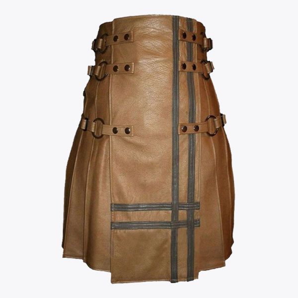 Brown Leather Utility Style Kilt For Men
