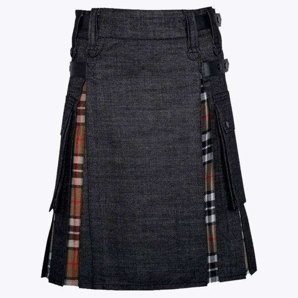 Campbell Tartan & Black Denim Hybrid Utility Kilt For Men
