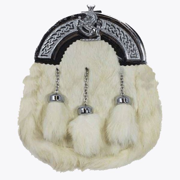 Full Dress Sporran White Rabbit Fur Chrome Lion Emblem
