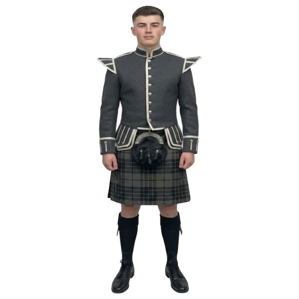 Grey Watch Tartan Kilt  Outfit with Doublet  Dark Grey Jacket