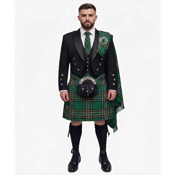 Irish National Tartan Kilt Outfit with Black Argyll Jacket